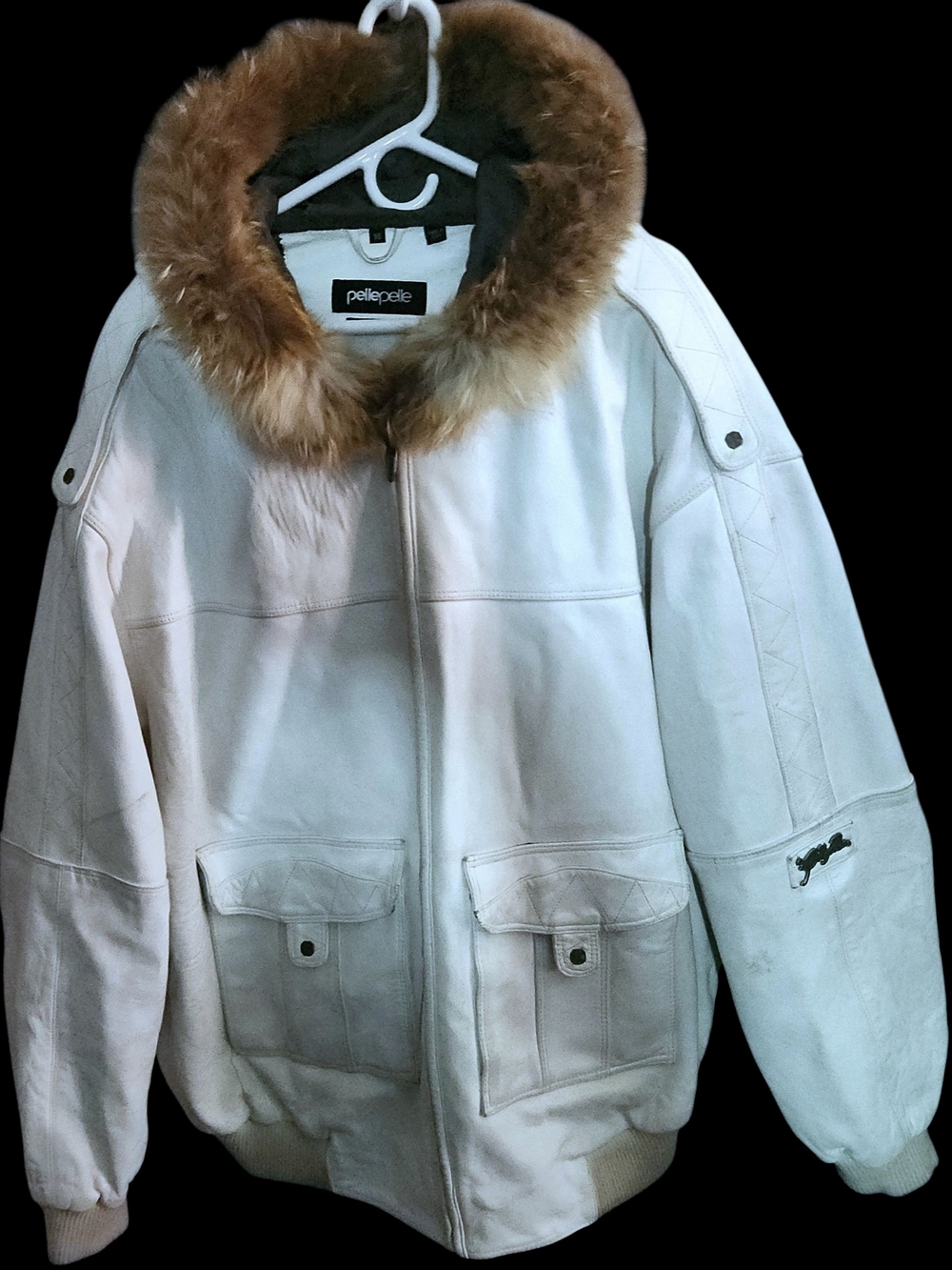 Rare Pelle  White Leather Bomber with Genuine Coyote Fur Hood  Early  90's Drop